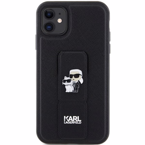 Karl Lagerfeld Gripstand Saffiano Karl&Choupette Pins dėklas telefonui iPhone 11 / Xr - juodas