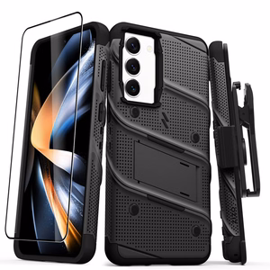ZIZO BOLT Series šarvuoto dėklo rinkinys, skirtas Samsung Galaxy S23+, su 9H ekrano stiklu, integruota atrama ir prie diržo segamu laikikliu, juodas