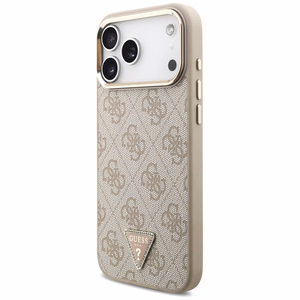 Чехол Guess PU Leather 4G Strass Triangle Logo Gold Frame MagSafe для Apple iPhone 18 Pro Max, розовый