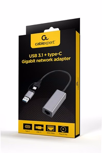 Gembird A-USB3AC-LAN-01 USB 3.1 + C tipo Gigabit tinklo adapteris, pilkos spalvos