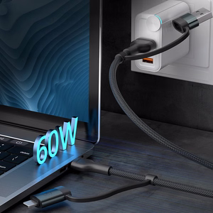3mk Hyper Cable N-SERIES 2 in 2 USB-A / USB-C ir USB-C / Lightning 1,2 m QC 3.0 9V/2A 60W - juodas