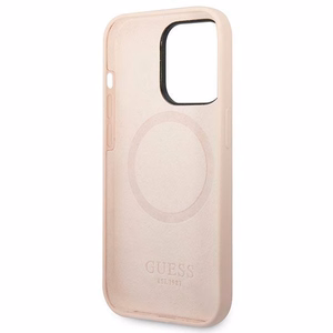 Guess Silicone Logo Plate MagSafe dėklas iPhone 14 Pro, rožinis