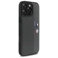 BMW M perforuota trispalvė linija iPhone 16 Pro dėklas - tamsiai pilkas