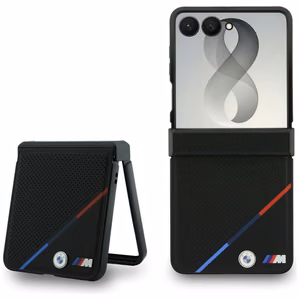 BMW M Leather Perforated Tricolor Stripe Metal Logos MagSafe case for Samsung Galaxy Z Flip8, black