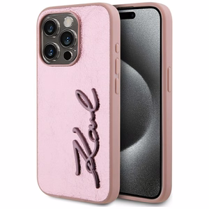 Karl Lagerfeld Wrinkled Metal Signature dėklas telefonui iPhone 15 Pro Max - rožinis