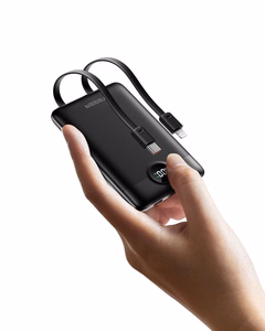 VEGER išorinė baterija 10000 mAh su įmontuotais kabeliais Type C / Lightning PD QC3.0 2A 22,5W C11 (W1170) juoda