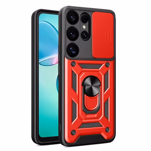 Hybrid Armor Camshield с крышкой камеры и металлическим кольцом для Samsung Galaxy S25 Ultra - красный