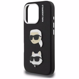 Karl Lagerfeld FW Grained Karl & Choupette Heads Pins dėklas, skirtas „iPhone 16 Pro Max“ – juodas