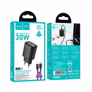 Įkroviklis telefonui Hoco USB C QC PD 30W + kabelis USB C į Lightning N62 juodas