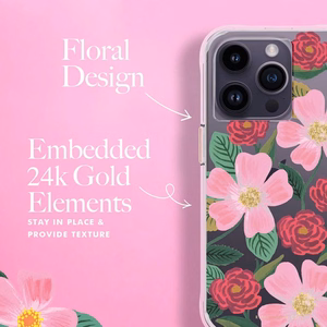 Rifle Paper Clear dėklas, skirtas iPhone 14 Pro, su aukso spalvos dekoru, „Rose Garden“ rašto