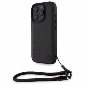 BMW Signature Leather Wordmark Cord Case for iPhone 16 Pro - Juodas