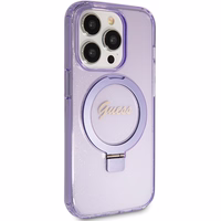 Guess dėklas telefonui su stovu Ring Stand Script Glitter magnetinis iPhone 15 Pro Max - violetinis