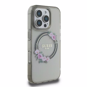 Guess GUHMP16XHFWFCK iPhone 16 Pro Max 6.9" juodas/juodas kietas dėklas IML Flowers Wreath Magnetinis