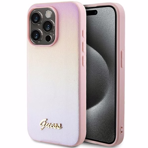 Guess Saffiano Iridescent Script dėklas telefonui iPhone 14 Pro Max - rožinis