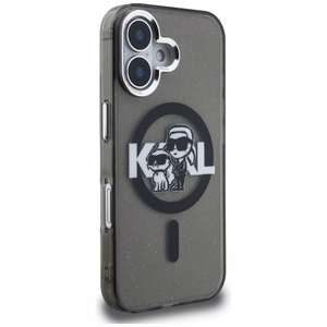 Karl Lagerfeld IML Glitter Karl & Choupette Sketch Logo MagSafe dėklas iPhone 16 - juodas