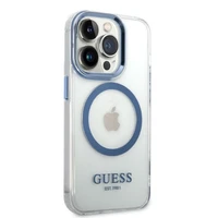 Guess GUHMP14XHTRMB iPhone 14 Pro Max 6.7" mėlynas kietas dėklas su metaliniu kontūru, magnetinis (MagSafe)