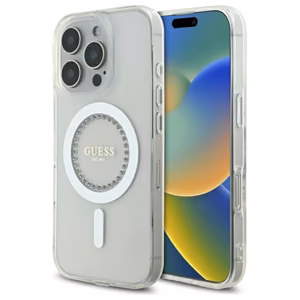 Guess IML Rhinestones magnetinis dėklas telefonui iPhone 16 Pro - baltas