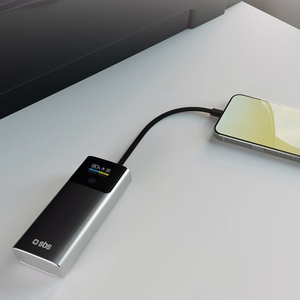 SBS 10000mAh PD 20W išorinė baterija su LCD ekranu ir įmontuotu USB-C kabeliu - pilka