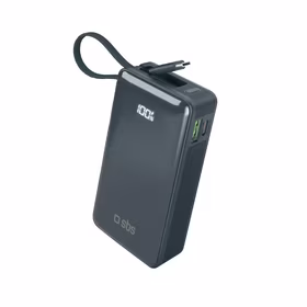 Išorinė baterija SBS 10000 mAh 20W su įmontuotu USB-C kabeliu ir skaitmenine indikacija - tamsiai pilka