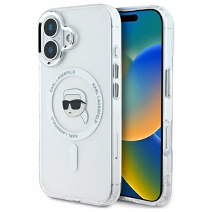 Karl Lagerfeld IML Metal Karl Head Magnetinis dėklas iPhone 16 Plus - baltas