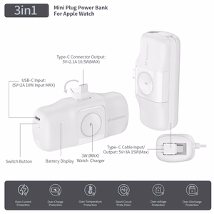 Wozinsky WF16-YCS 5000mAh 15W USB-C mini išorinė baterija su įmontuotu USB-C kabeliu ir Apple Watch įkrovikliu - balta