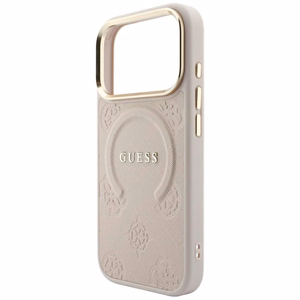 Guess Saffiano Peony & Ring MagSafe dėklas, skirtas iPhone 17 Pro / 18 Pro, rožinis