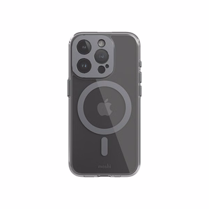 Moshi iGlaze MagSafe dėklas, skirtas iPhone 15 Pro, skaidrus su „Meteorite Gray“ spalvos detalėmis