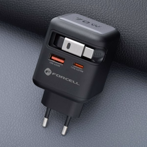 FORCELL F-ENERGY GaN III VT-R7 kelioninis įkroviklis su ištraukiamu kabeliu Type C ir 1x Type C, 1x USB A įkrovimo prievadais PD QC4.0 3A 70W pilkas