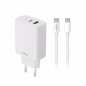 "Maxlife MXTC-10-30AC PD QC įkroviklis 1x USB-C 1x USB 30W baltos spalvos + USB-C - USB-C kabelis 60W