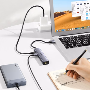 Ugreen CM475 daugiafunkcis šakotuvas USB 3.0 - 3x USB / Ethernet RJ-45 / USB Type-C PD - pilkas
