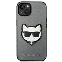 Karl Lagerfeld Saffiano Choupette Head Patch dėklas telefonui iPhone 14 Plus - sidabrinis