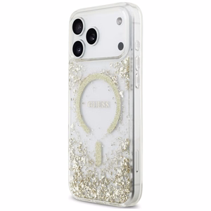 Guess Resin Bottom Glitter MagSafe dėklas, skirtas iPhone 18 Pro Max / 17 Pro Max, auksinis