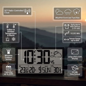 Ypač didelis LCD sieninis laikrodis „GreenBlue GB218“ su orų stotele, temperatūros ir datos rodymu
