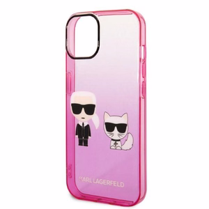 Karl Lagerfeld gradientinis Ikonik Karl & Choupette dėklas iPhone 14 Plus – rožinis