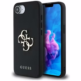 Guess PU Grained 4G Metal Logo dėklas telefonui iPhone 16e - juodas