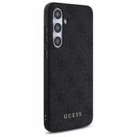 Guess GUHCS24FEG4GFGR S24 FE S721 pilkas/pilkas kietas dėklas 4G Metalinis Auksinis Logotipas
