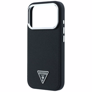 Guess Grained Triangle Logo MagSafe dėklas, skirtas iPhone 17 Pro Max / 18 Pro Max, juodas