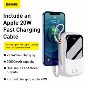 Baseus išorinė baterija 20000mAh Qpow Pro - USB + Type C - PD 20W su Lightning kabeliu (PPQD060202) balta