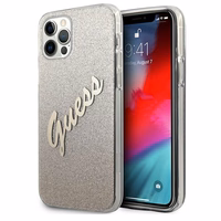 Guess GUHCP12LPCUGLSGO iPhone 12 Pro Max 6.7" auksinis kietasis dėklas Glitter Gradient Script