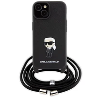 Karl Lagerfeld kryžminis Saffiano monograma metalinis ženkliukas Karl & Choupette dėklas telefonui iPhone 15 - juodas
