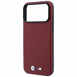 BMW dėklas, skirtas iPhone 18 Pro / 17 Pro: (Carbon Metal Logo), suderinamas su MagSafe, spalva – bordo