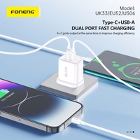 Foneng Sieninis įkroviklis EU52 - USB + Type C - QC 3.0 PD 30W baltas