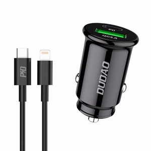Automobilinis įkroviklis Dudao R3PRO juodas (1xUSB / 1xUSB-C / 18W) + Type-C / Lightning laidas