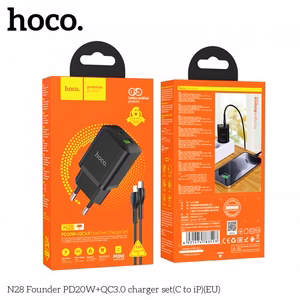 Įkroviklis Hoco N28 juodas (PD20W / QC3.0) + Type-C / Lightning 100cm laidas