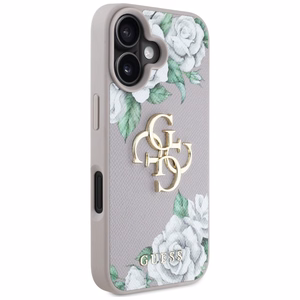 Guess Grained Roses Big 4G Logo dėklas telefonui iPhone 16 - violetinis