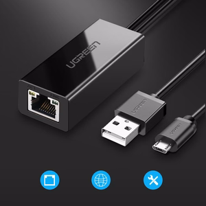 Ugreen 30985 išorinė tinklo plokštė Chromecast su micro USB / USB-A jungtimis 100Mb/s 1m juoda