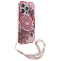 Guess IML Flowers With Pearl Strap MagSafe iPhone 16 Pro Max dėklas - Pink