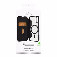 Puro Book Mag MagSafe odinis dėklas su atvartu ir kortelių lizdu telefonui iPhone 16 Plus - juodas