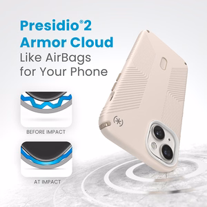 Speck Presidio2 Grip MagSafe dėklas su ClickLock, skirtas iPhone 15 Plus / 14 Plus, „Bleached Bone / Heirloom Gold“ spalvos