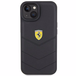 Ferrari dygsniuotas metalo logotipa dėklas iPhone 15 – juodas